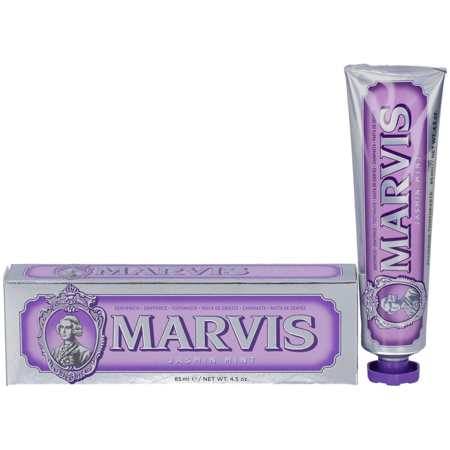 Zahnpasta-Tube und Schachtel. Tube: MARVIS, Jasmin Mint. Schachtel: MARVIS, Jasmin Mint. Silber und Lila.
