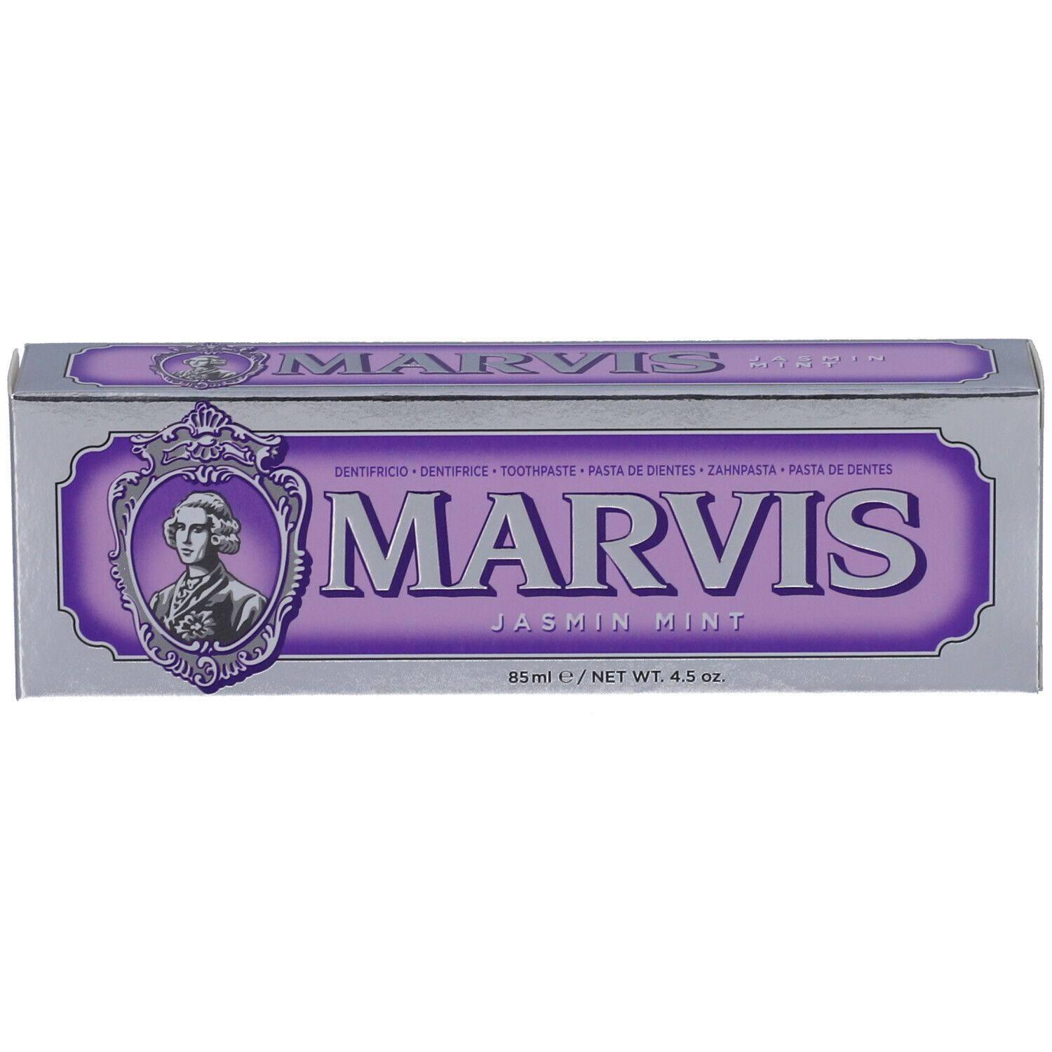 Rechteckige Schachtel mit MARVIS-Logo und Jasmin Mint-Aufdruck. Silber und Lila. Text in mehreren Sprachen.