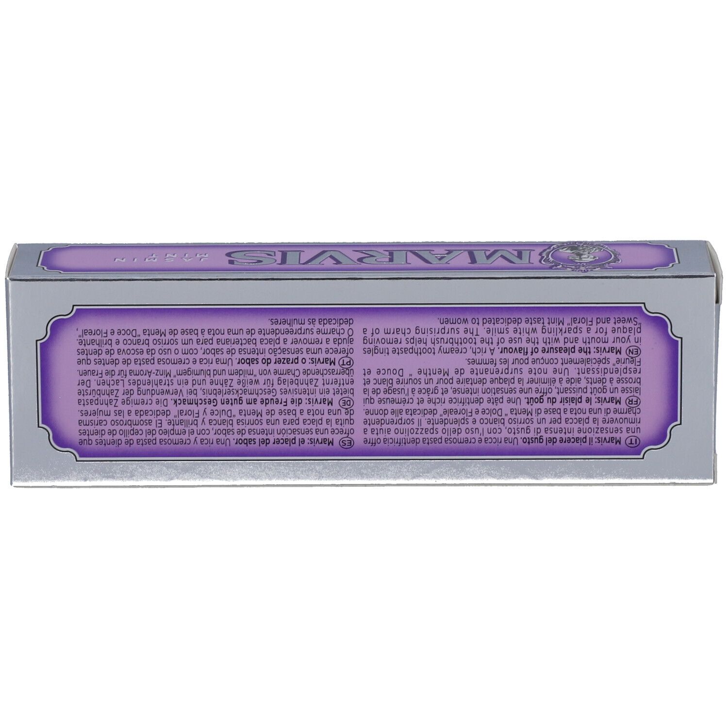 Rückseite der Schachtel mit Text. MARVIS-Logo. Text in mehreren Sprachen.