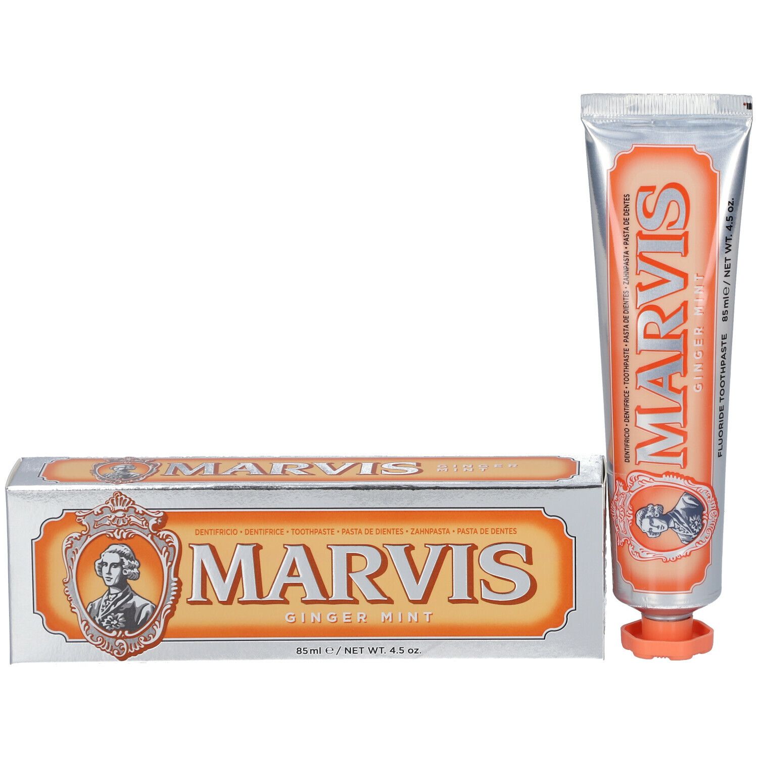 Tandpastatube en doos. Opschrift MARVIS Ginger Mint. Zilveren tube en doos met oranje etiket.
