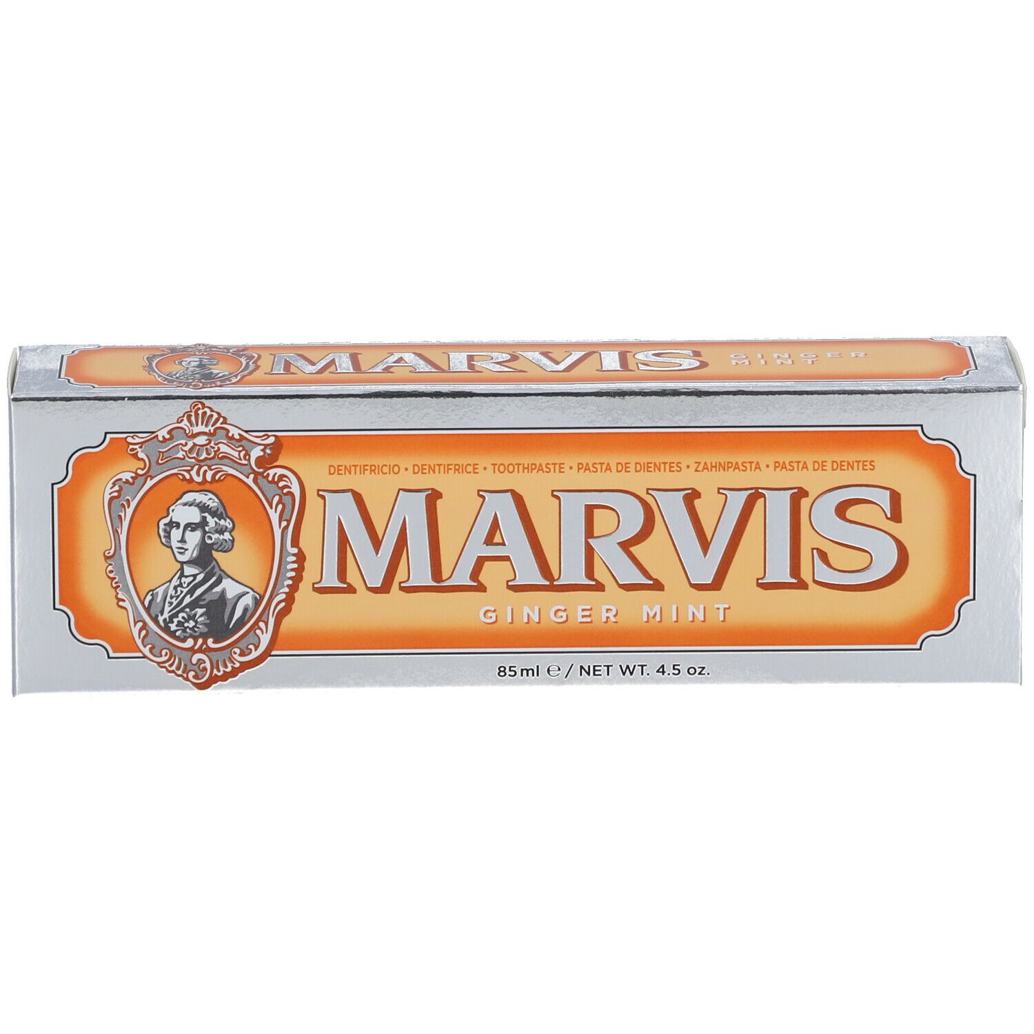 Doos met oranje etiket. Opschrift MARVIS Ginger Mint. Zilveren doos met oranje kader.