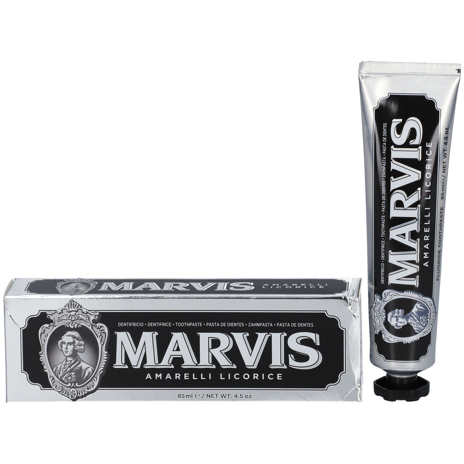 Tandpastatube en doos. Zilver met zwart etiket. MARVIS Amarelli Licorice. Zwarte dop.
