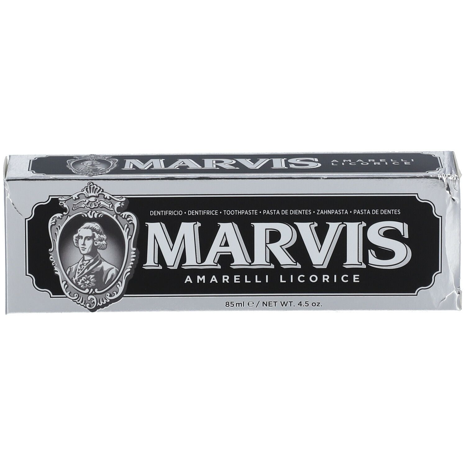 Zilveren doos met zwart etiket. MARVIS Amarelli Licorice. Meertalige tekst.