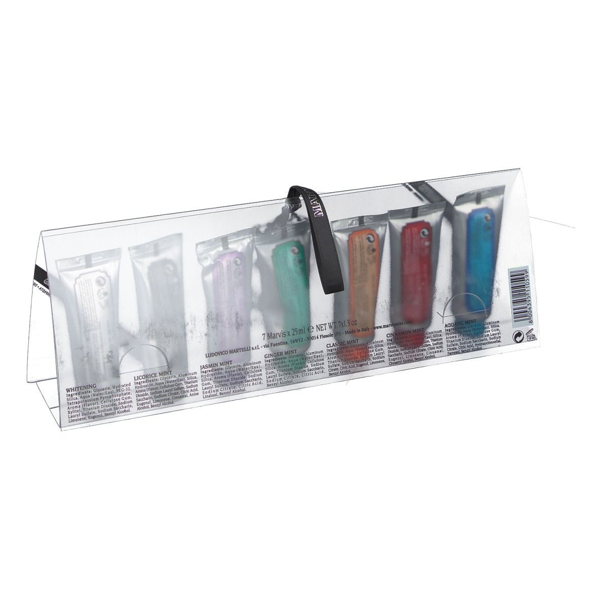 Rückansicht des Zahnpasta-Sets. Sieben Tuben in verschiedenen Farben. Transparente Verpackung mit Text.