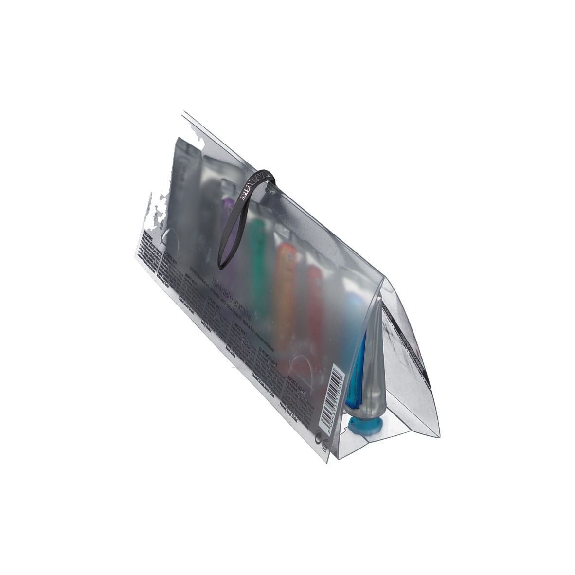 Schräg gestellte transparente Verpackung mit Rückseite der Zahnpasta-Tuben. Schwarzes Band. Text auf der Verpackung.