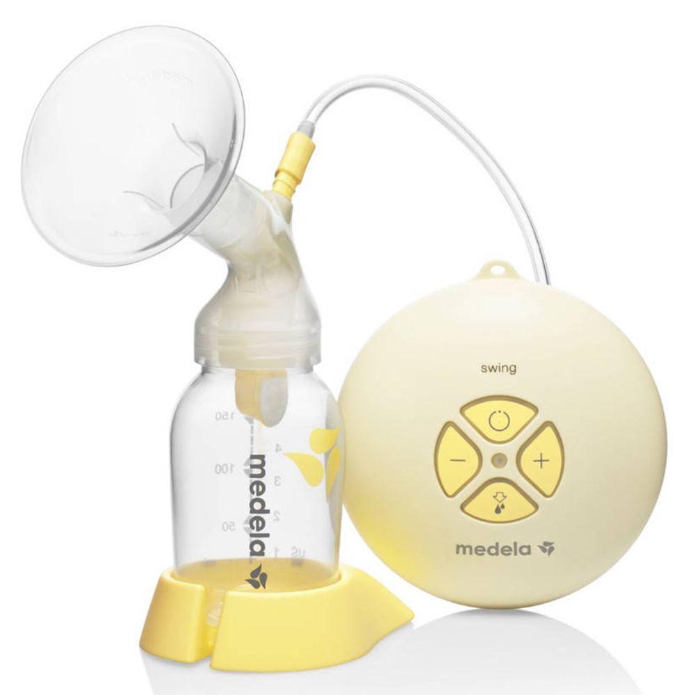 Tire-lait électrique avec biberon, téterelle et moteur. Jaune et transparent. Marque Medela.