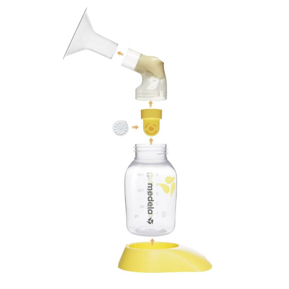 Tire-lait démonté avec biberon, téterelle, valve et support. Jaune et transparent. Marque Medela.