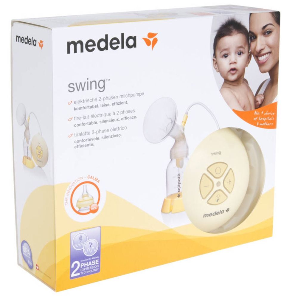 Emballage du tire-lait avec produit et bébé. Marque Medela, inscription 'swing'.