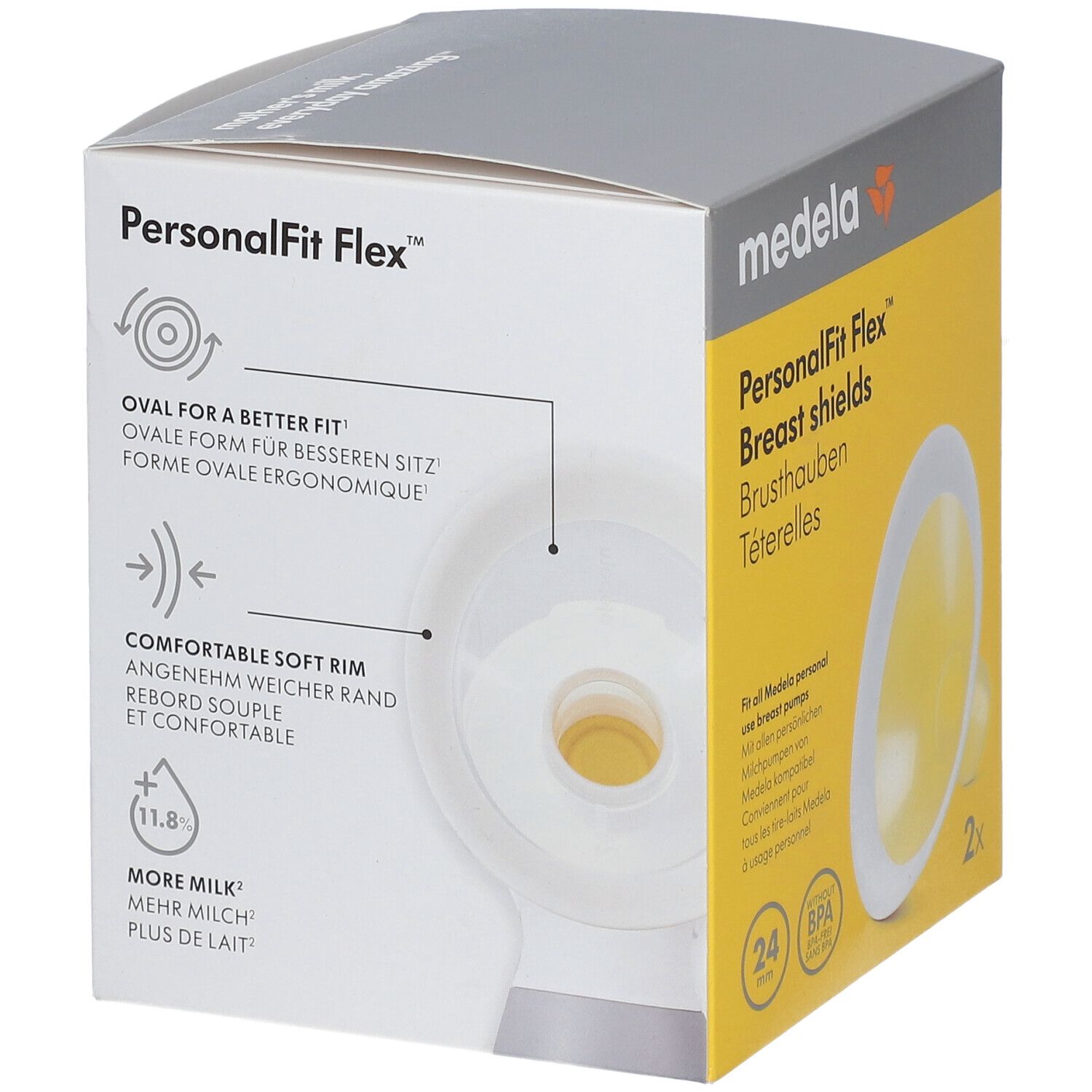 Boîte de téterelles. Inscriptions : forme ovale, bord souple, plus de lait. Marque : Medela. Texte : PersonalFit Flex.
