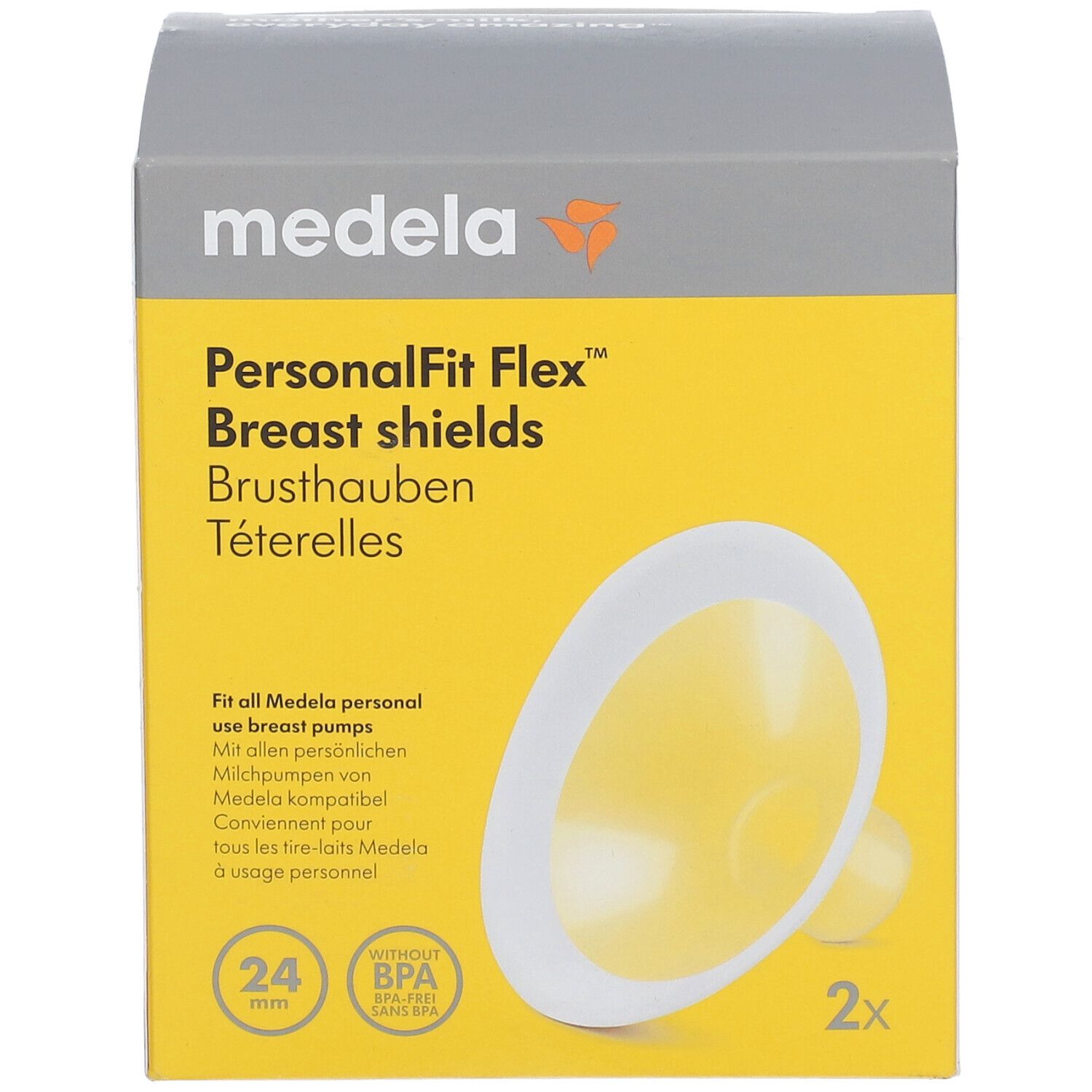 Boîte de téterelles. Téterelle jaune et blanche. Marque : Medela. Texte : PersonalFit Flex, 24 mm, sans BPA.