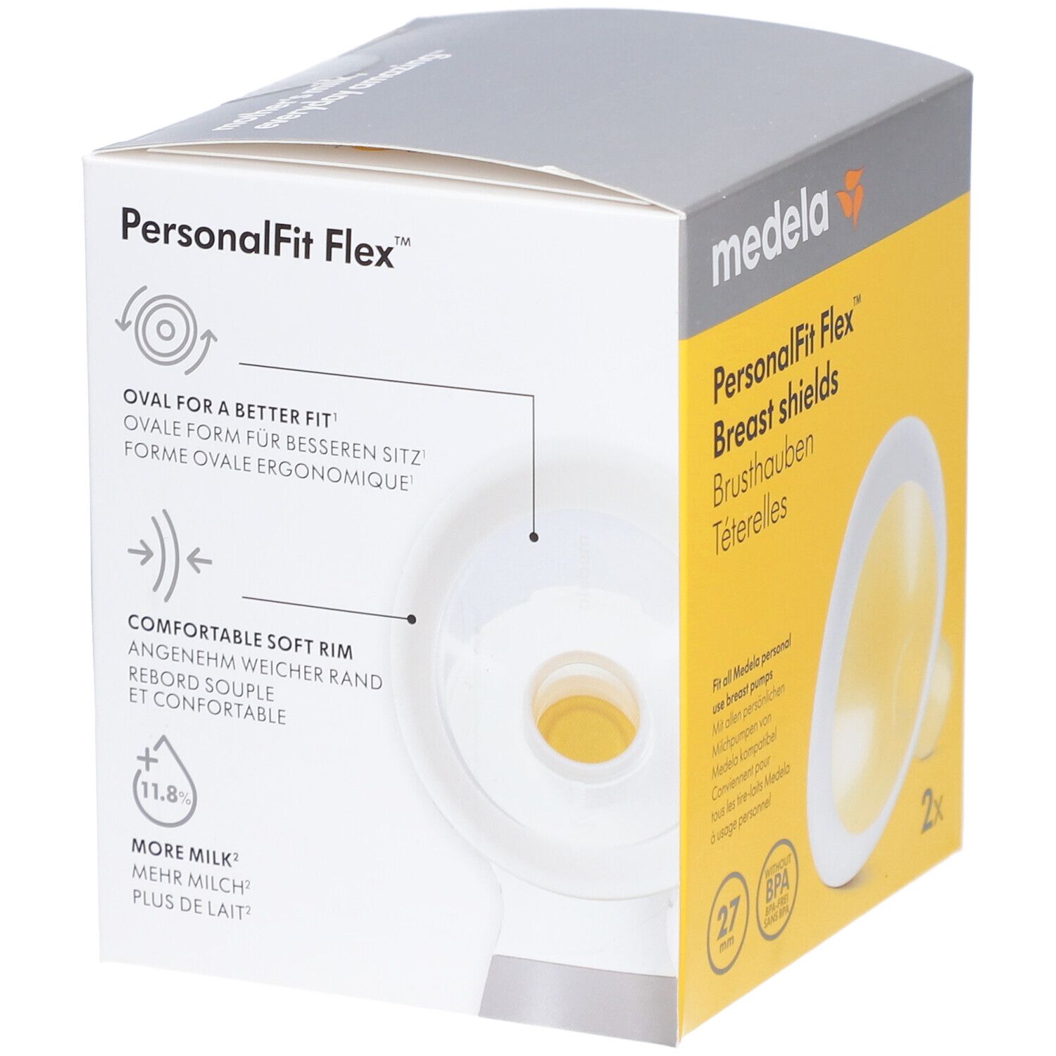Verpackung mit Brusthauben. Marke Medela. Text: PersonalFit Flex Brusthauben. Oval für besseren Sitz. 27 mm.