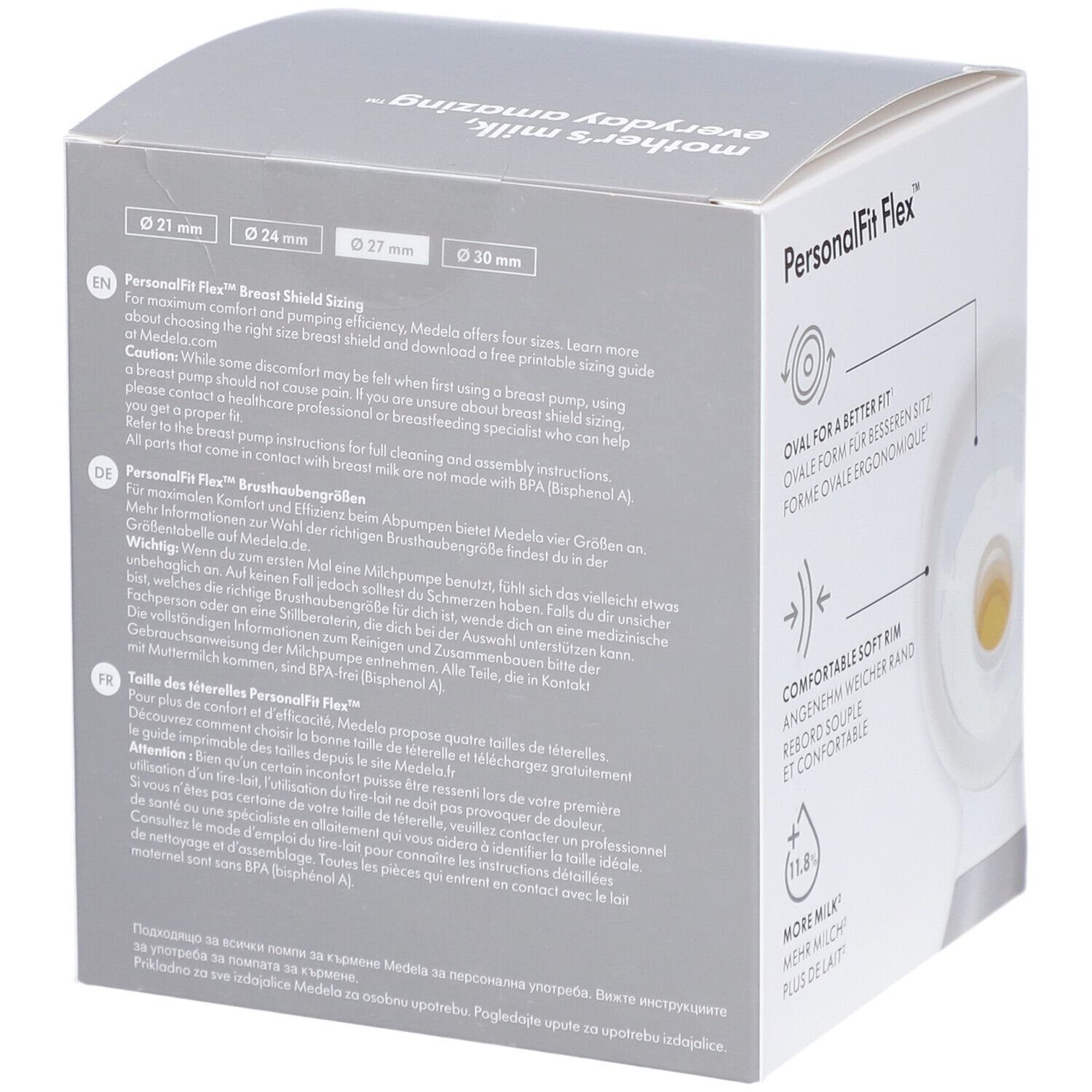 Rückseite der Verpackung mit Text in Deutsch, Englisch, Französisch, Italienisch und Niederländisch. Brustschildgrößen: 21, 24, 27, 30 mm.