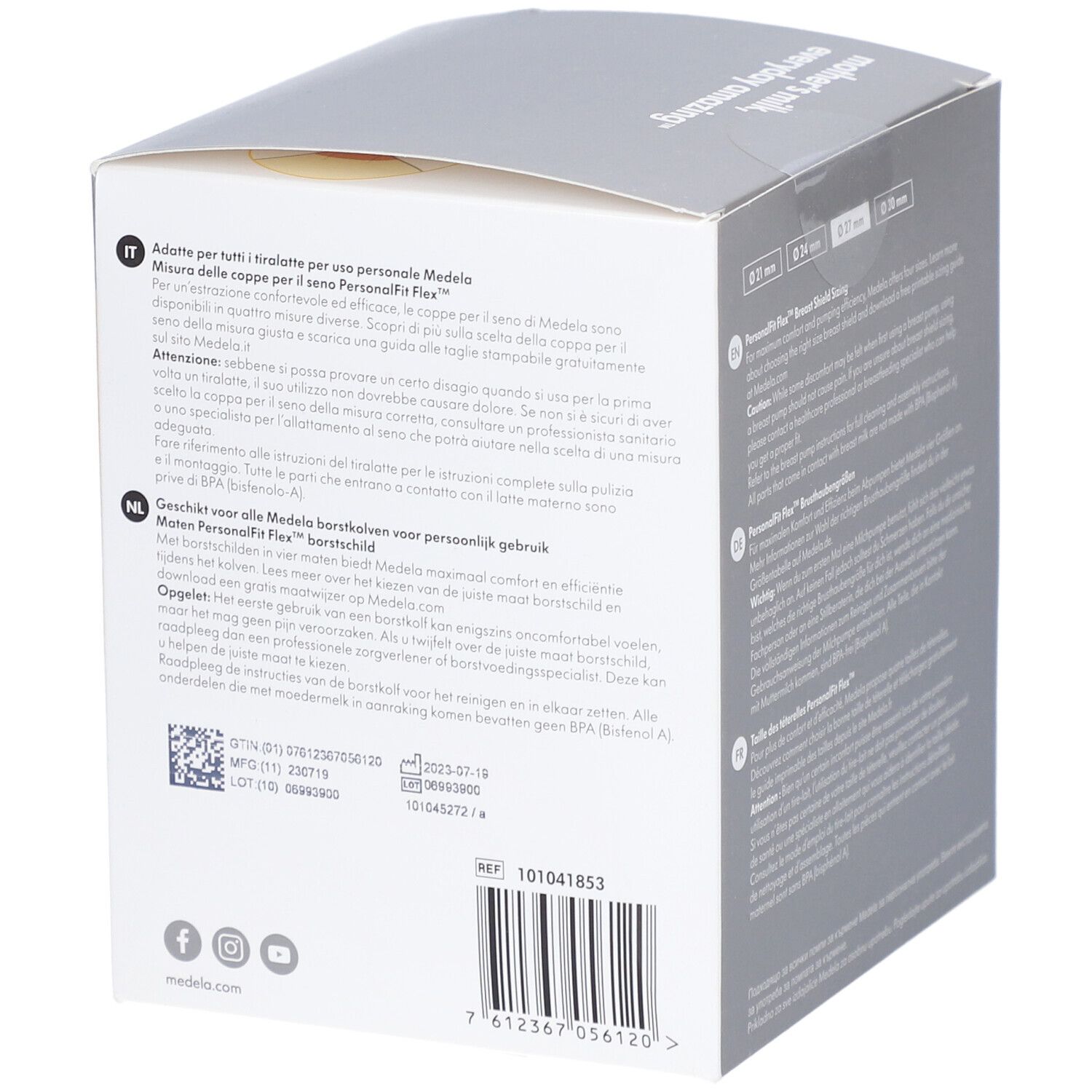 Rückseite der Verpackung mit Text in Deutsch, Englisch, Französisch, Italienisch und Niederländisch. Barcode und Logo.