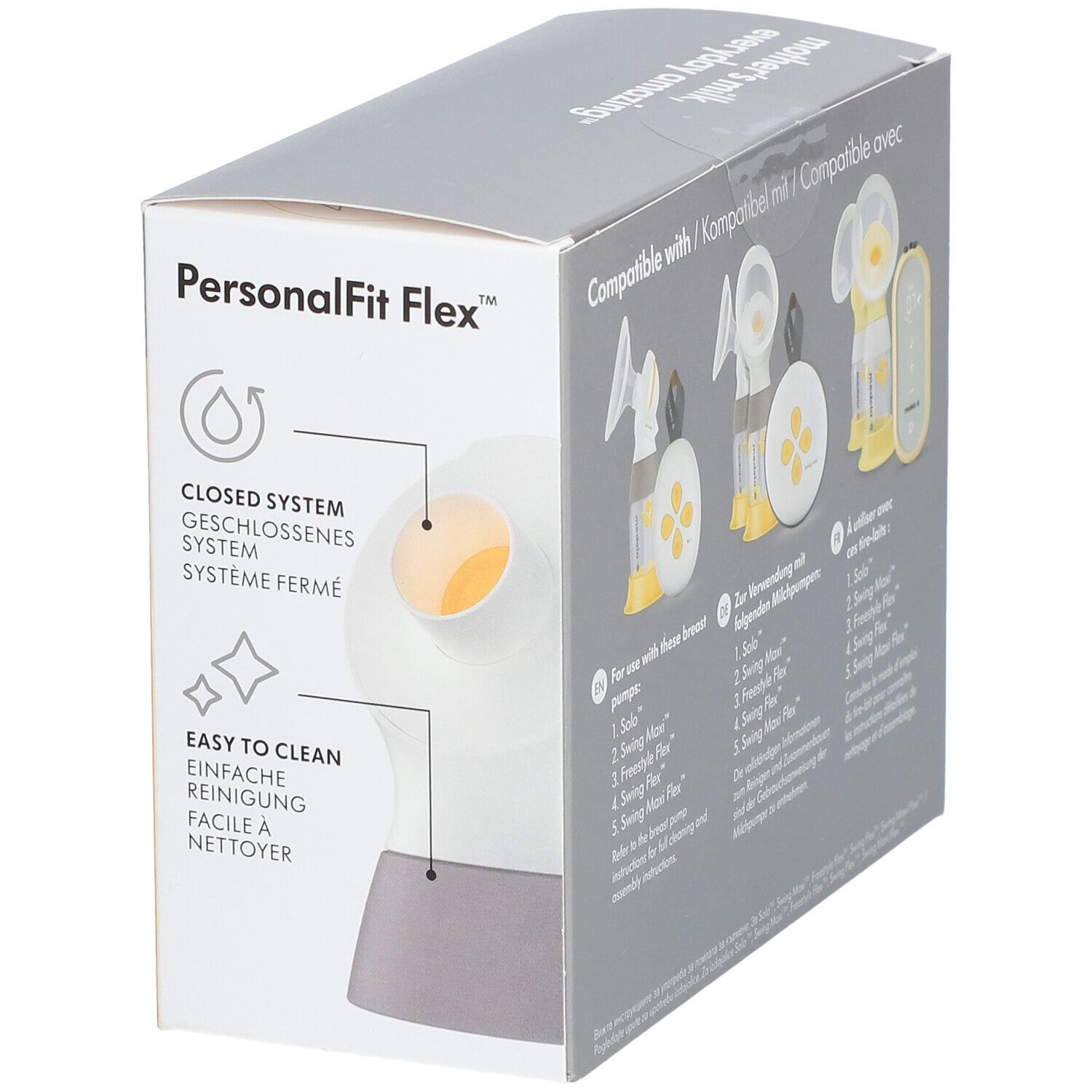 Boîte de connecteurs Medela PersonalFit Flex™. Montre les caractéristiques : système fermé, facile à nettoyer. Tire-lait compatibles illustrés.