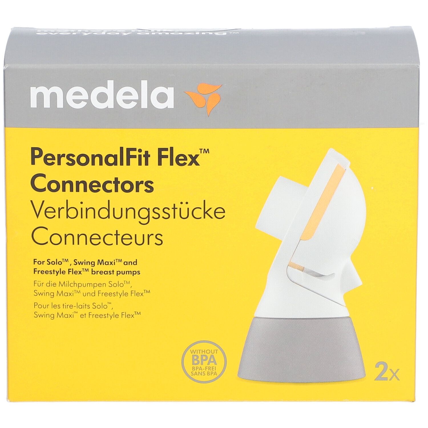 Boîte de connecteurs Medela PersonalFit Flex™. Montre le produit et le texte : Pour Solo, Swing Maxi et Freestyle Flex breast pumps.
