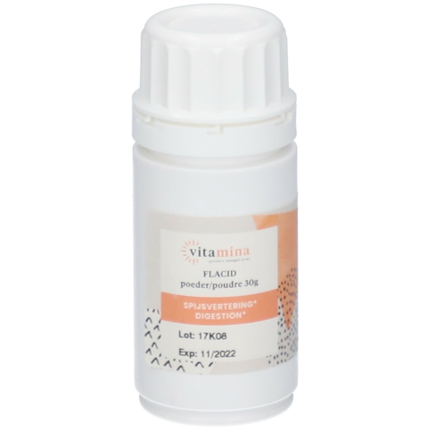 Witte pot met deksel. Etiket met productnaam en tekst. Merk: Vitamina. Tekst: FLACID, poeder/poudre, 30g, Digestion.
