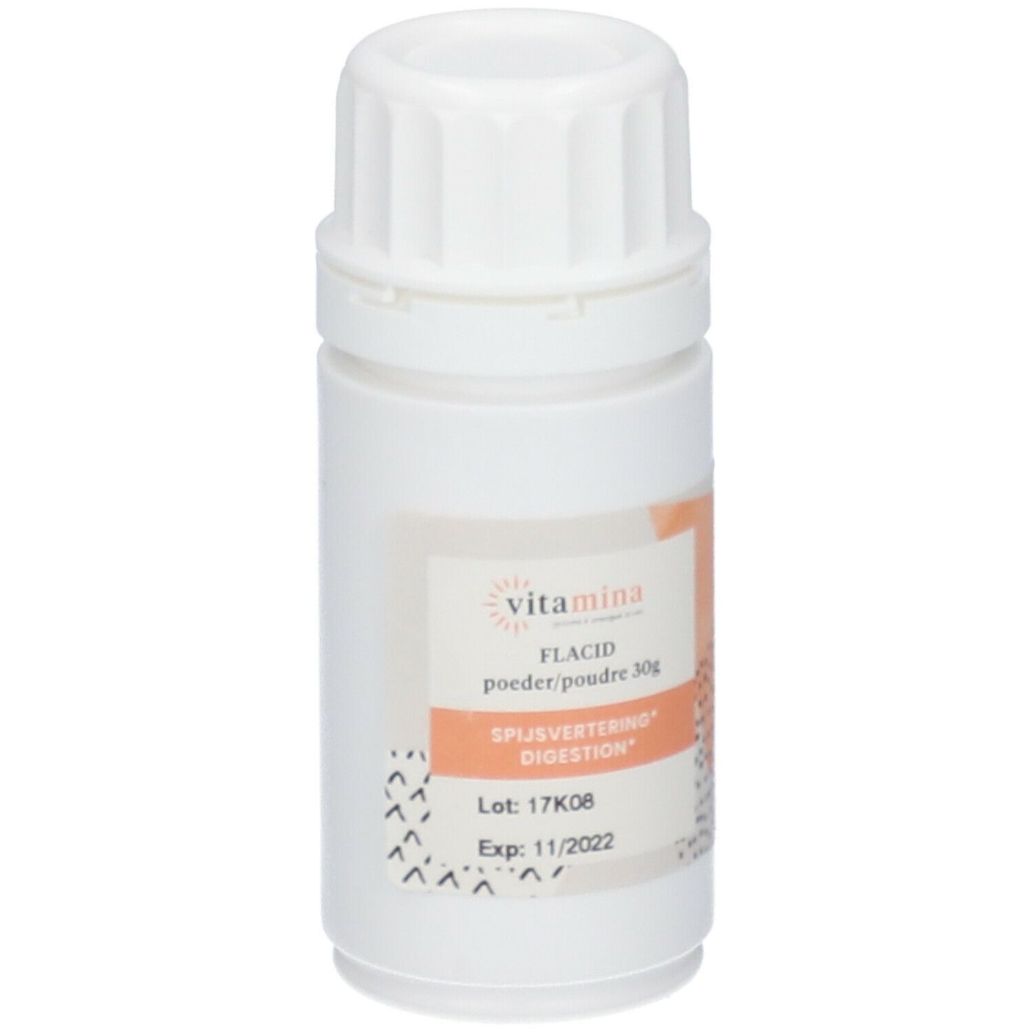 Witte pot met deksel. Etiket met productnaam en tekst. Merk: Vitamina. Tekst: FLACID, poeder/poudre, 30g, Digestion.