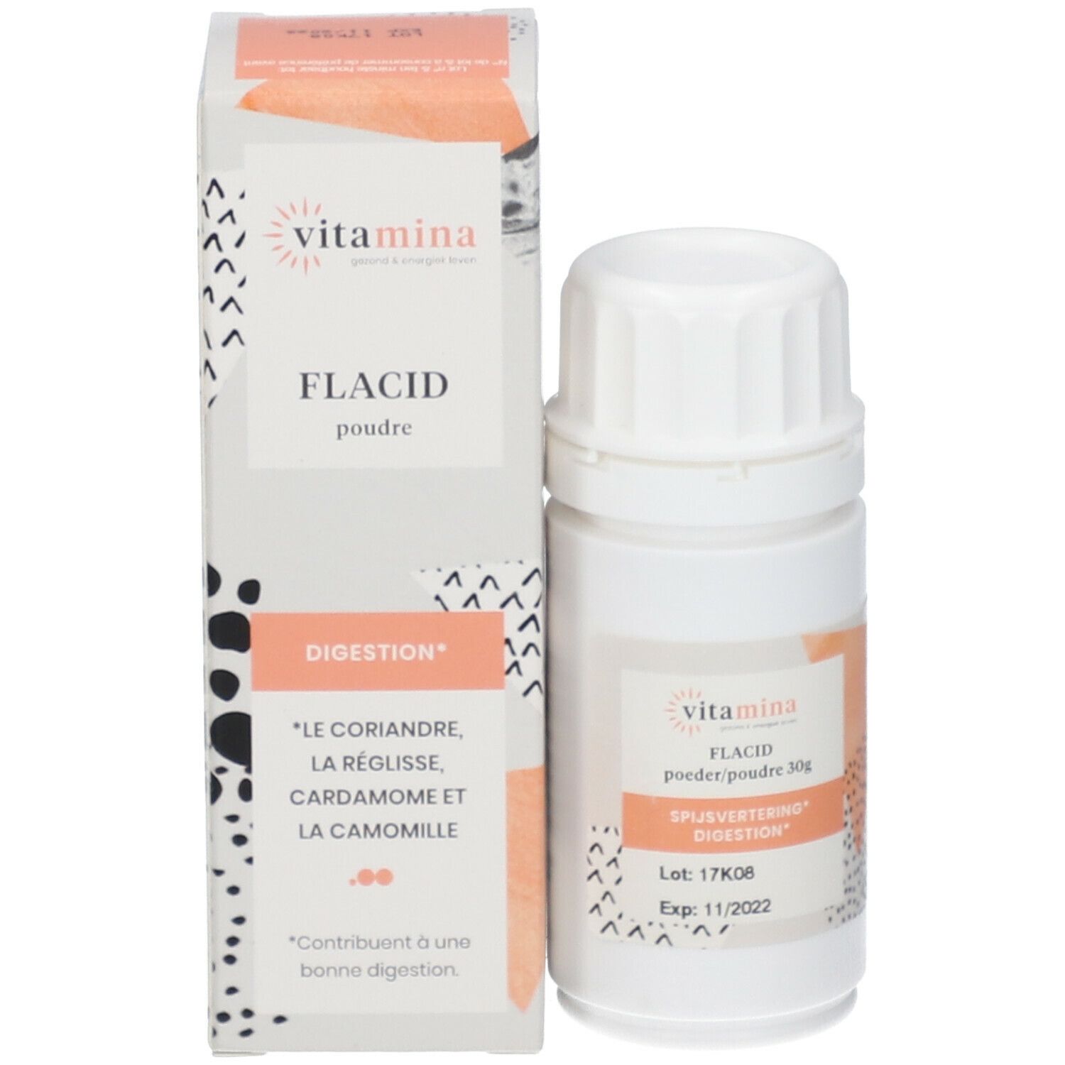Productverpakking en pot. Verpakking met productnaam en tekst. Merk: Vitamina. Tekst: FLACID, poudre, Digestion.