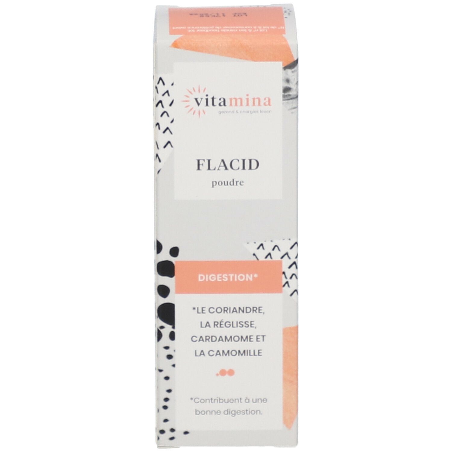 Productverpakking. Verpakking met productnaam en tekst. Merk: Vitamina. Tekst: FLACID, poudre, Digestion.