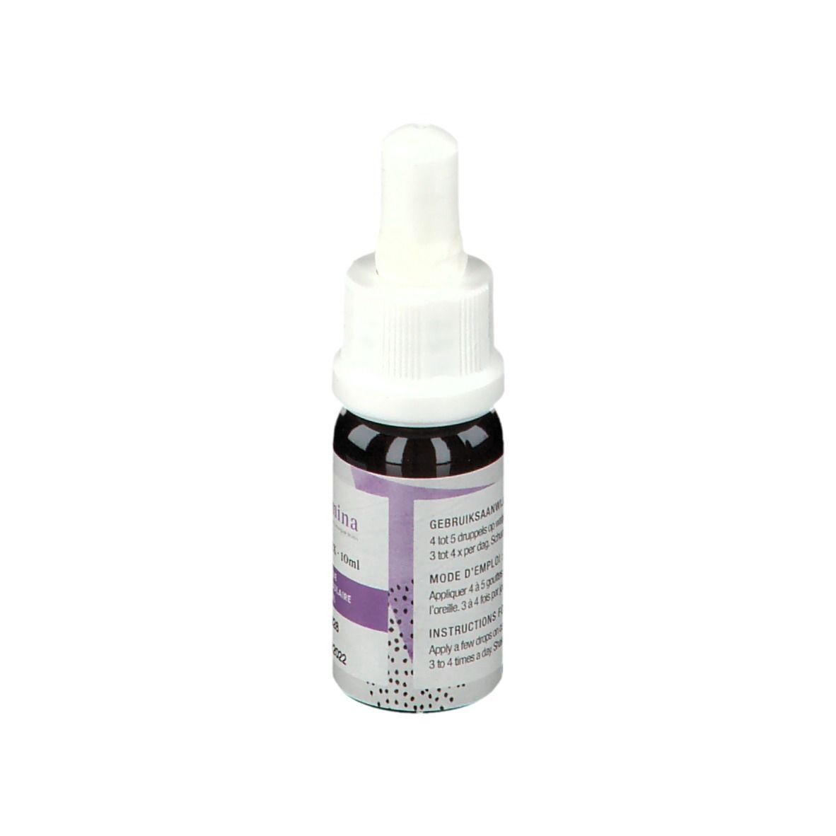 Bruine glazen fles met witte dop. Etiket met gebruiksaanwijzing. Meertalige tekst. Houdbaar tot 10/2022.