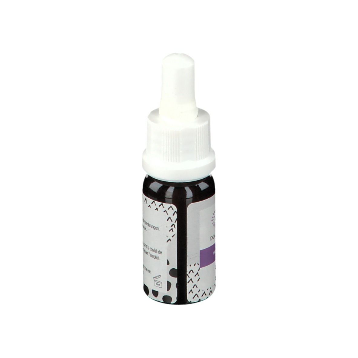 Bruine glazen fles met witte dop. Etiket met productinformatie. Meertalige tekst. Houdbaar tot 10/2022.