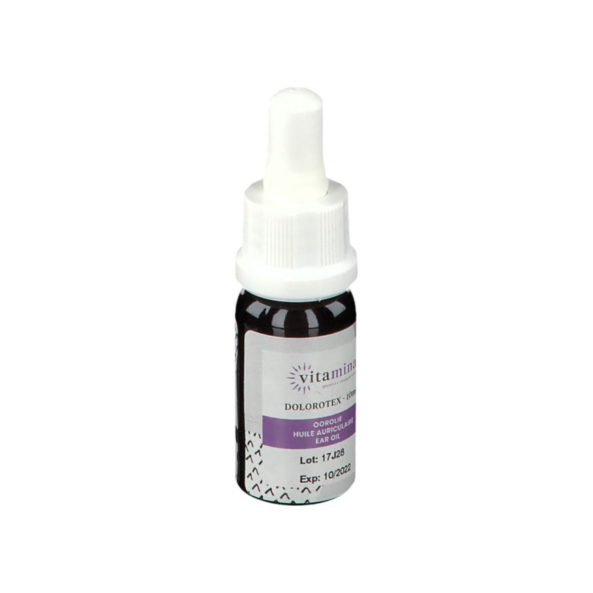 Bruine glazen fles met witte dop. Etiket met productnaam, paarse accenten en tekst. Houdbaar tot 10/2022.