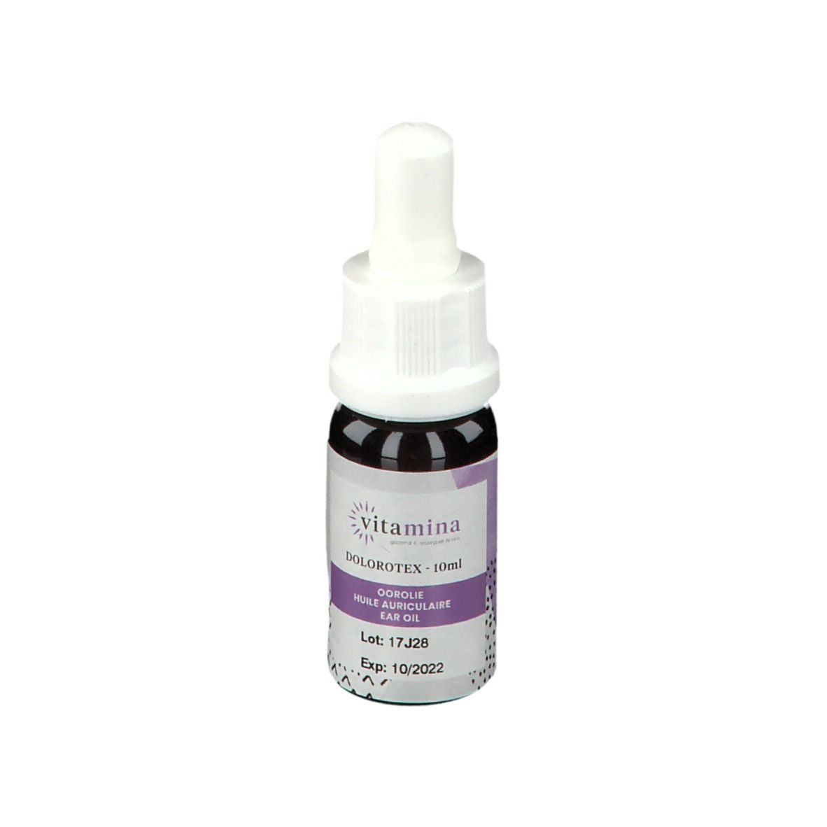 Bruine glazen fles met witte dop. Etiket met productnaam, paarse accenten en tekst. Houdbaar tot 10/2022.