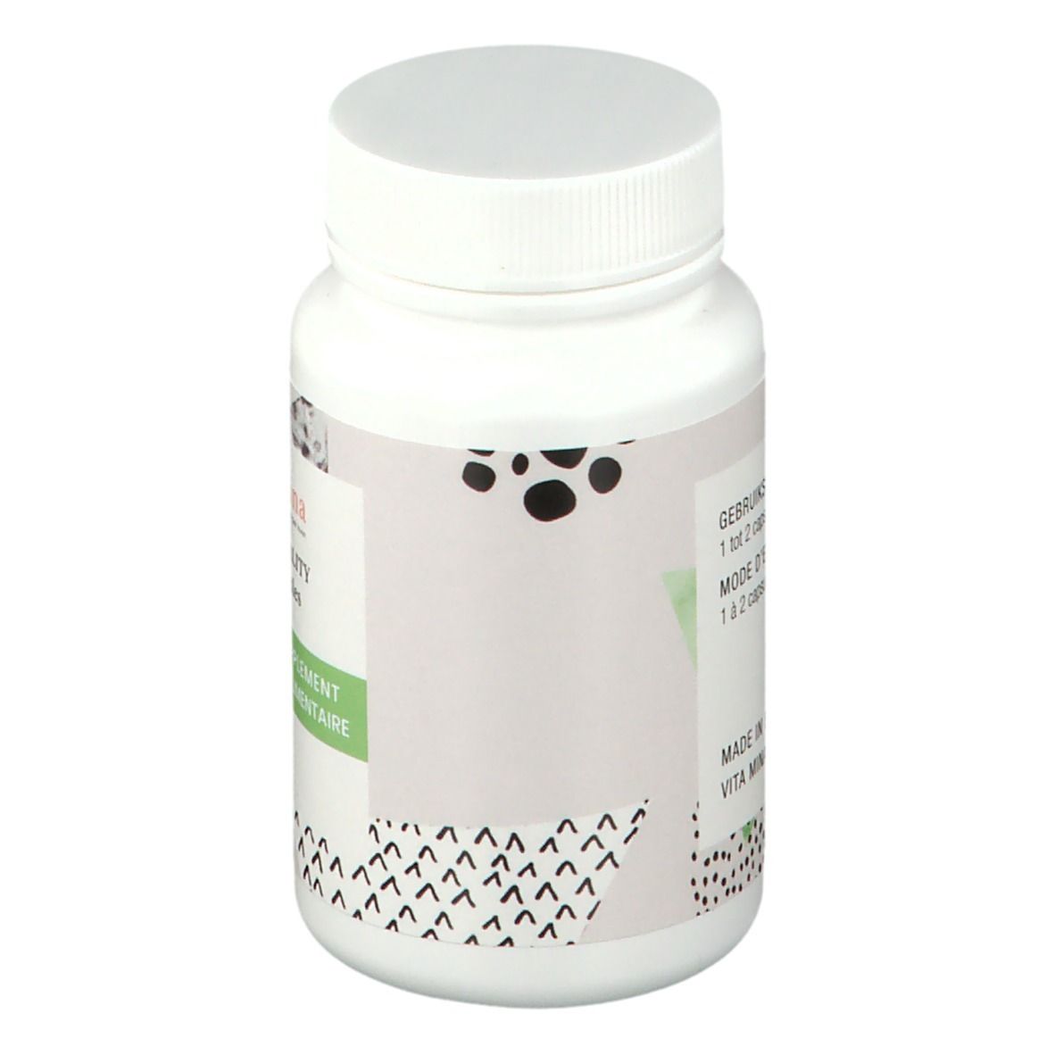 Achterkant van een witte fles met capsules. Opschrift: Gebruiksaanwijzing: 1 tot 2 capsules per dag. Gemaakt in België.