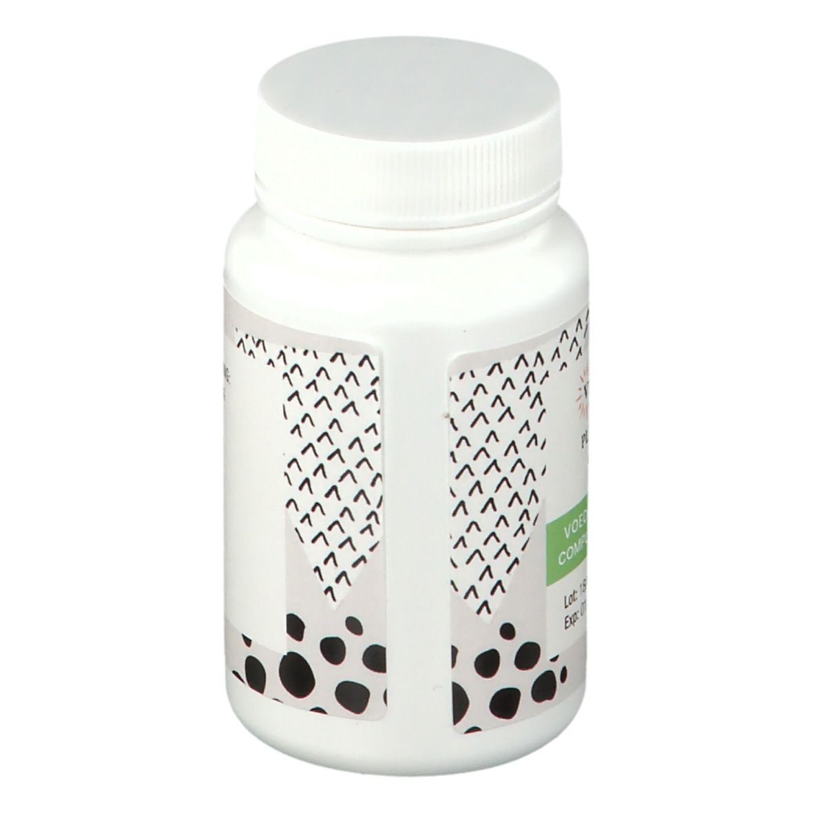 Achterkant van een witte fles met capsules. Opschrift: Gebruiksaanwijzing: 1 tot 2 capsules per dag. Gemaakt in België.