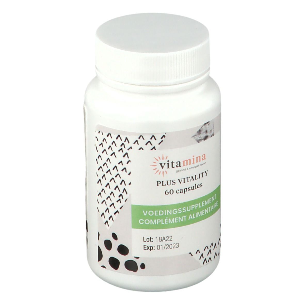 Witte fles met capsules. Opschrift: Vitamina Plus Vitality, 60 capsules. Voedingssupplement. Houdbaar tot 01/2023.