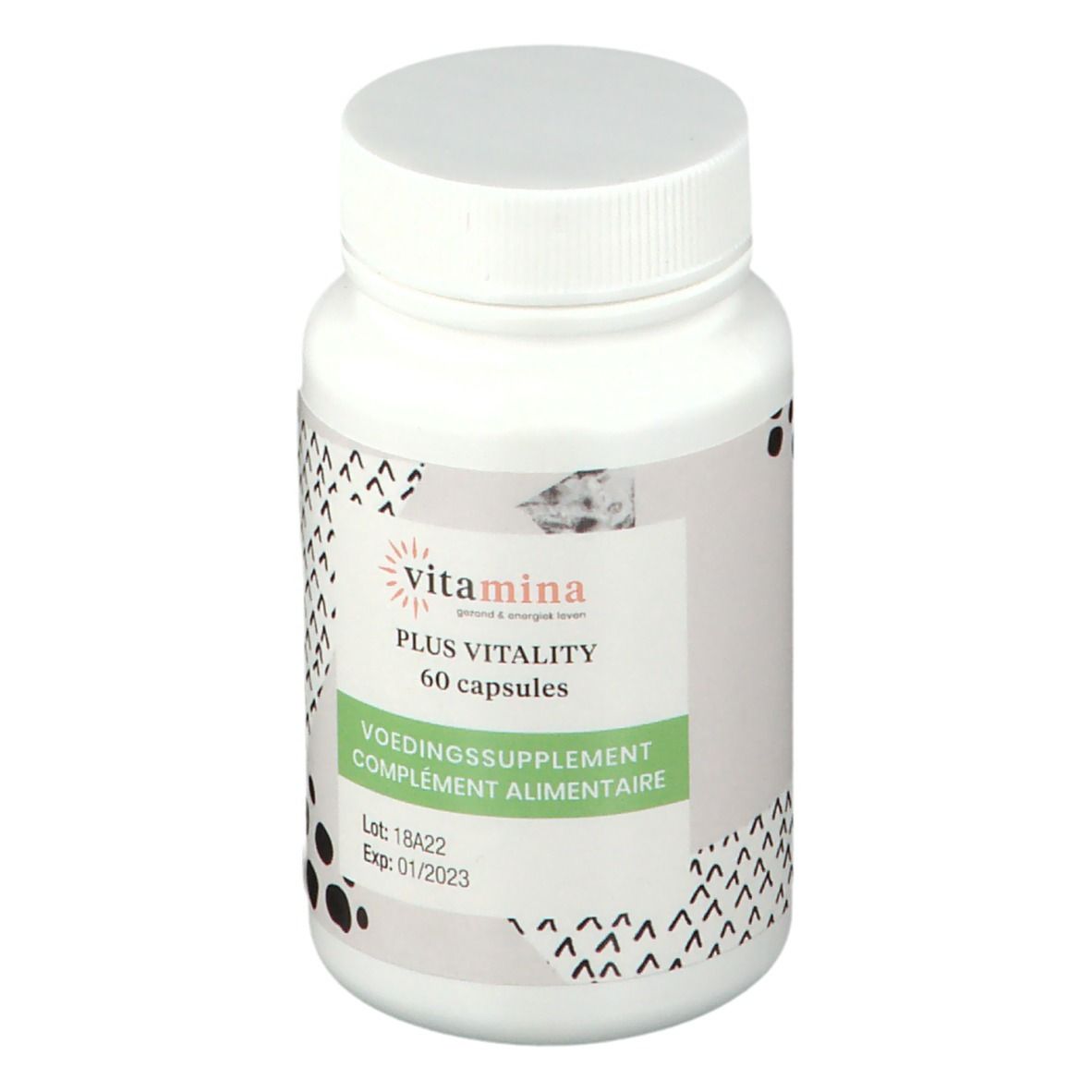 Witte fles met capsules. Opschrift: Vitamina Plus Vitality, 60 capsules. Voedingssupplement. Houdbaar tot 01/2023.
