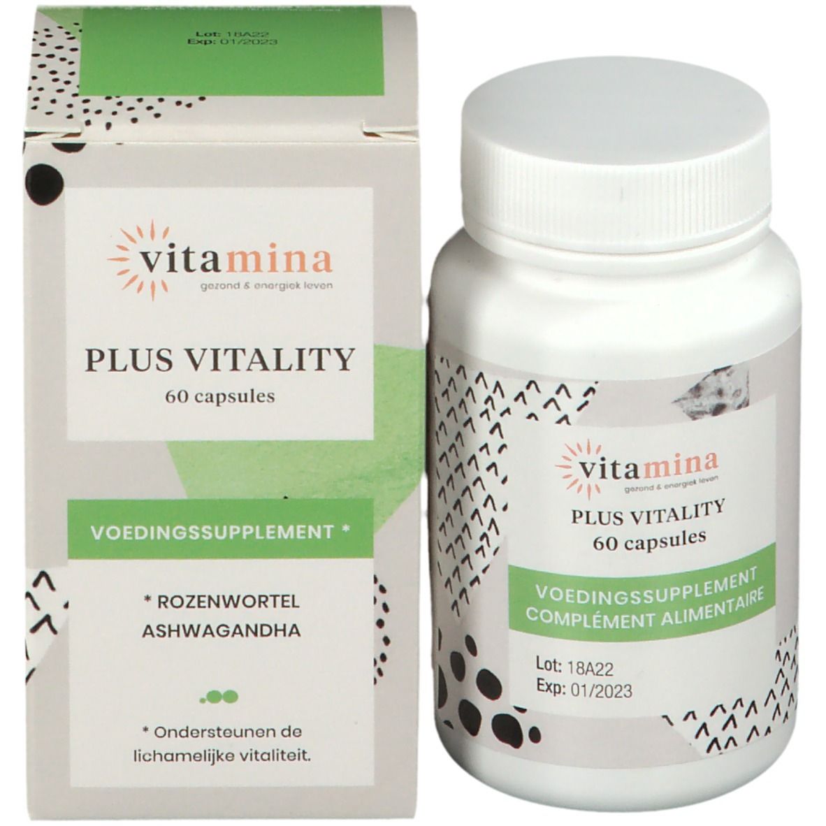 Productverpakking en fles met capsules. Opschrift: Vitamina Plus Vitality, 60 capsules. Voedingssupplement. Bevat Rozenwortel en Ashwagandha.