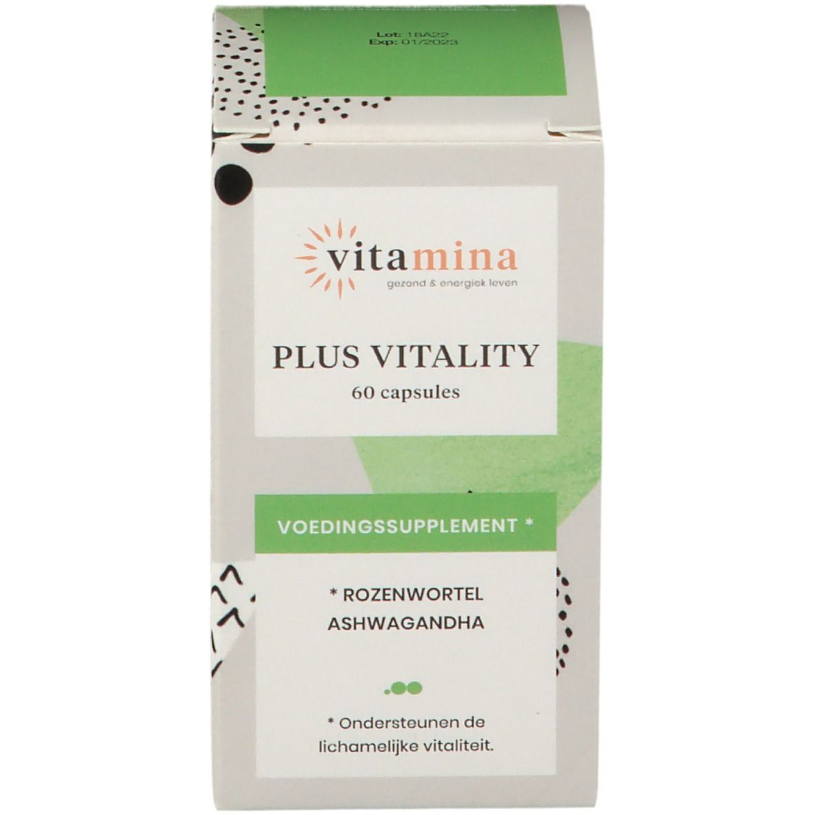 Productverpakking met opschrift: Vitamina Plus Vitality, 60 capsules. Voedingssupplement. Bevat Rozenwortel en Ashwagandha.