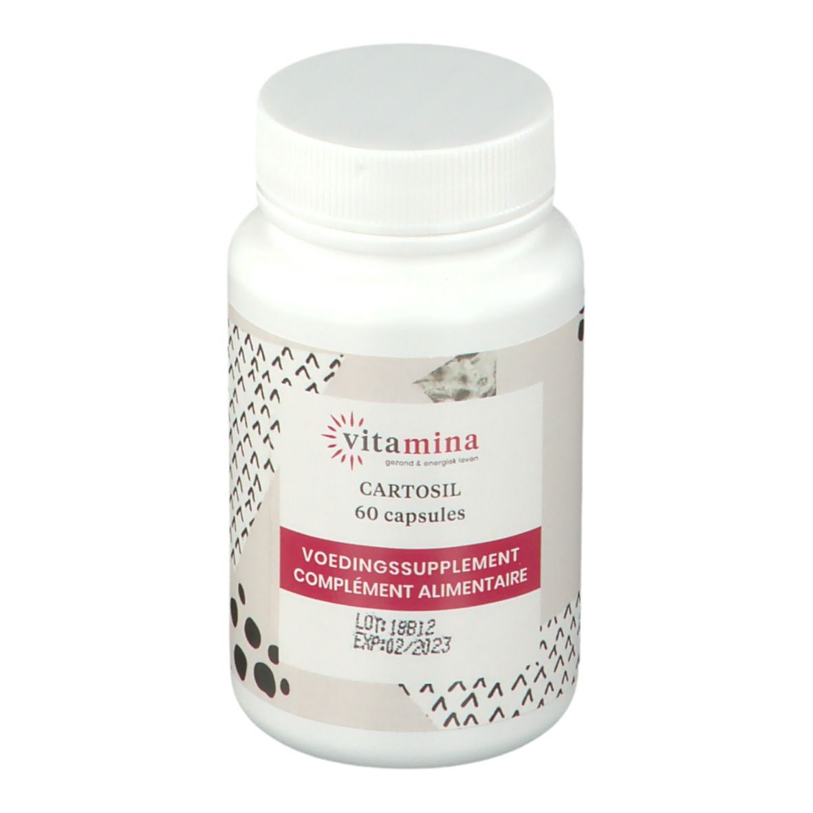 Flacon blanc de gélules. Inscription: Vitamina Cartosil, 60 gélules. Complément alimentaire. Date de péremption.