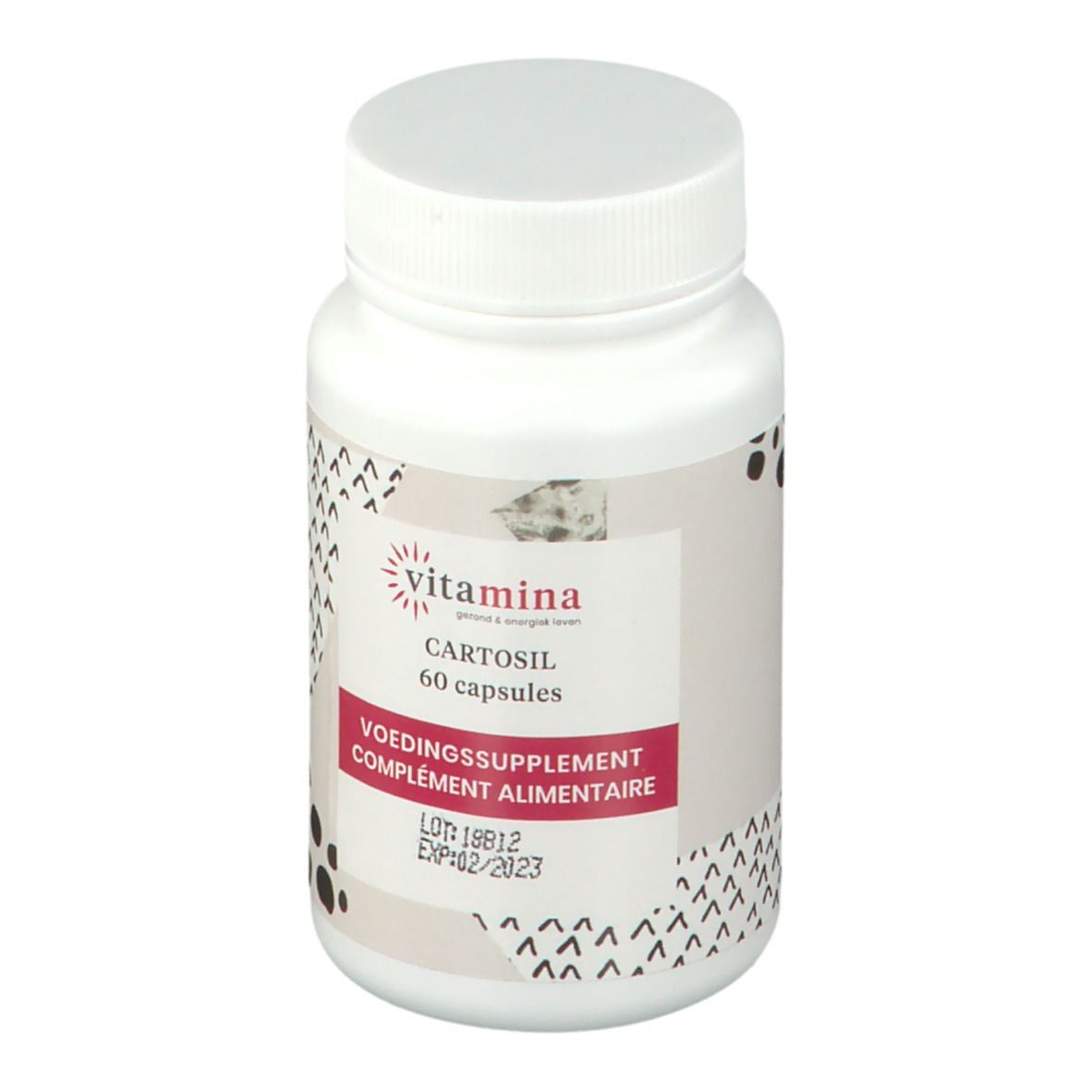 Flacon blanc de gélules. Inscription: Vitamina Cartosil, 60 gélules. Complément alimentaire. Date de péremption.