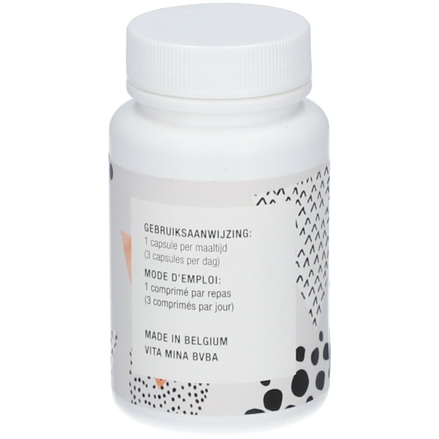 Witte fles met schroefdop. Achterkant met gebruiksaanwijzing in het Nederlands en Frans. Merk: vitamina.