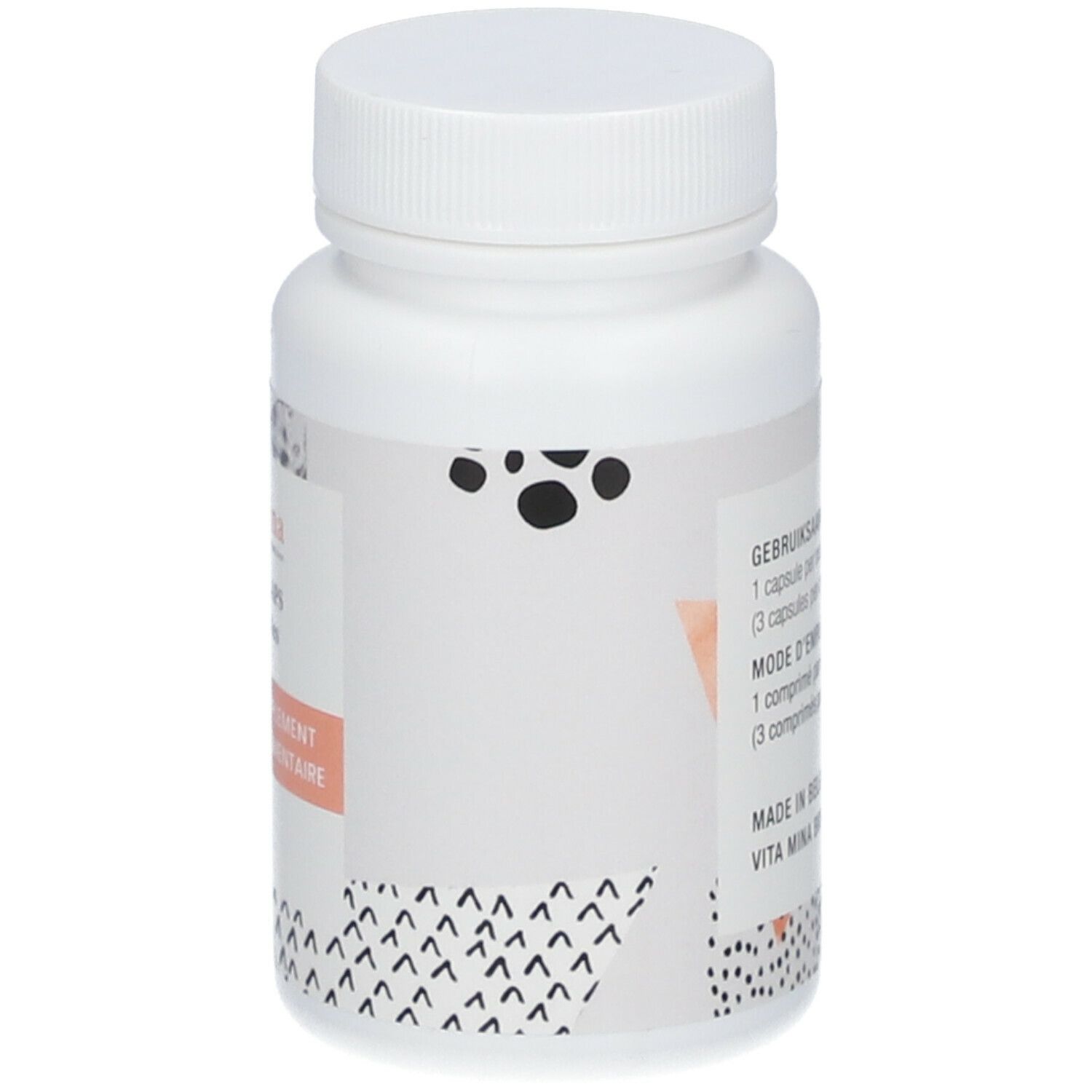 Witte fles met schroefdop. Achterkant met productinformatie en gebruiksaanwijzing. Merk: vitamina.
