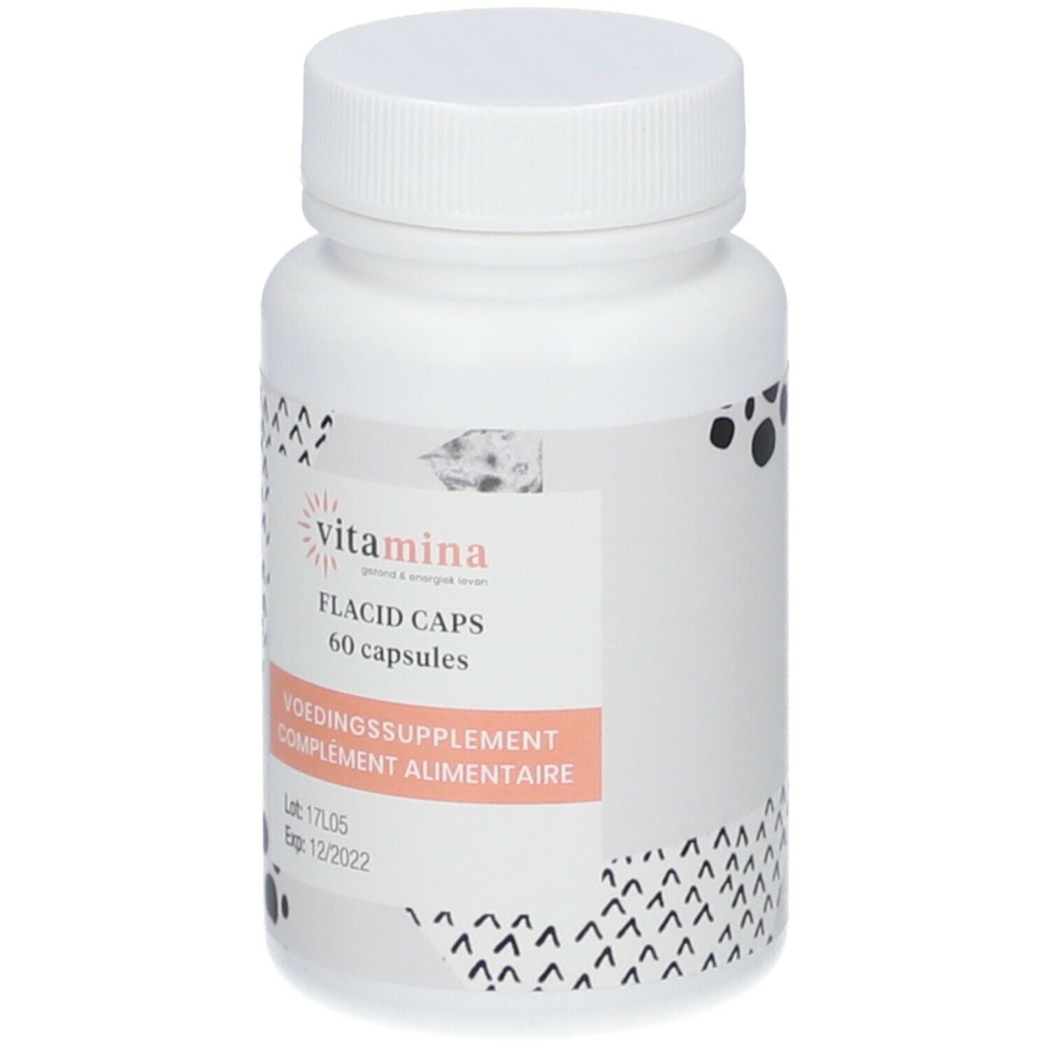 Witte fles met schroefdop. Etiket met productnaam, aantal capsules en vervaldatum. Merk: vitamina.
