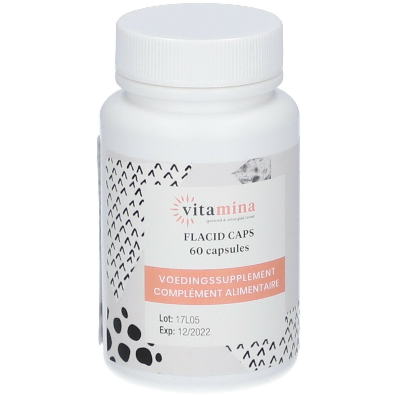 Witte fles met schroefdop. Etiket met productnaam, aantal capsules en vervaldatum. Merk: vitamina.