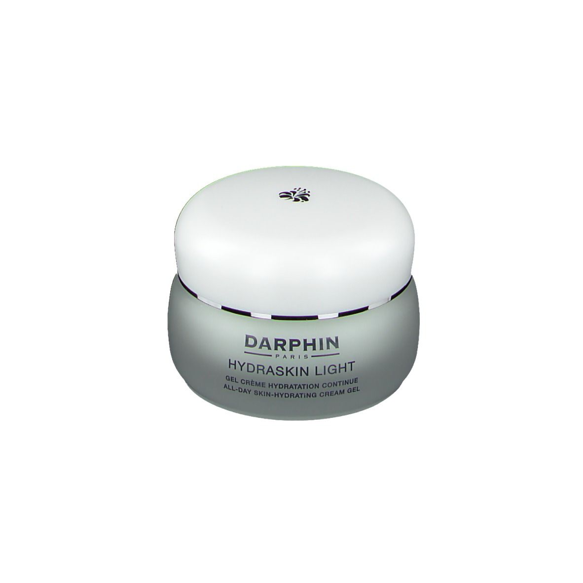 Pot de crème avec couvercle. Inscription: Darphin, Hydraskin Light. Gel Crème Hydratation Continue.