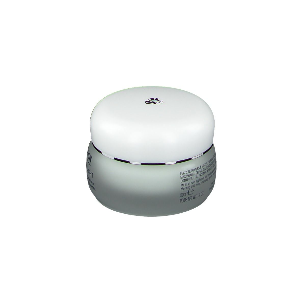 Pot de crème avec couvercle. Inscription: Darphin, Hydraskin Light. Gel Crème Hydratation Continue.