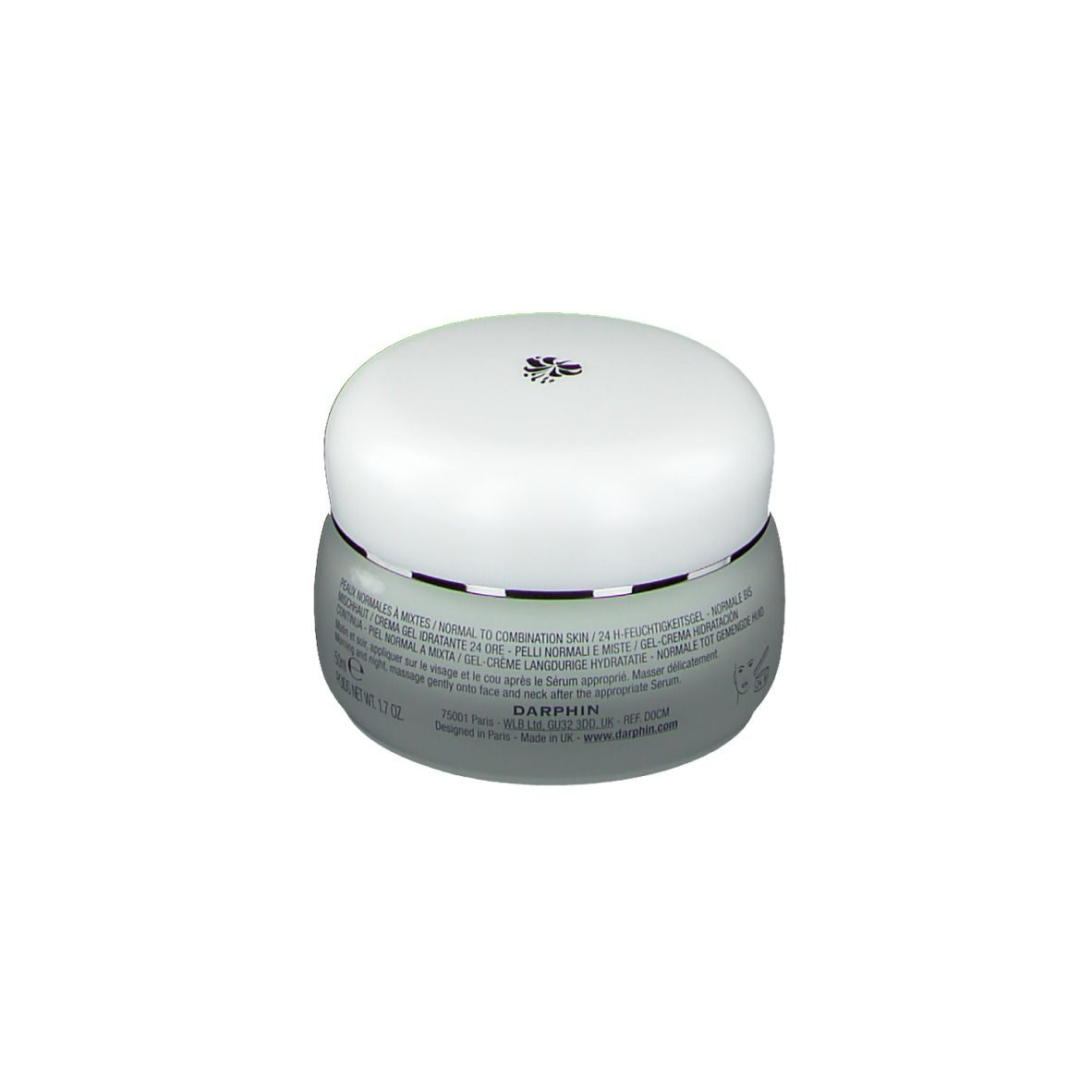 Pot de crème avec couvercle. Inscription: Darphin, Hydraskin Light. Gel Crème Hydratation Continue.