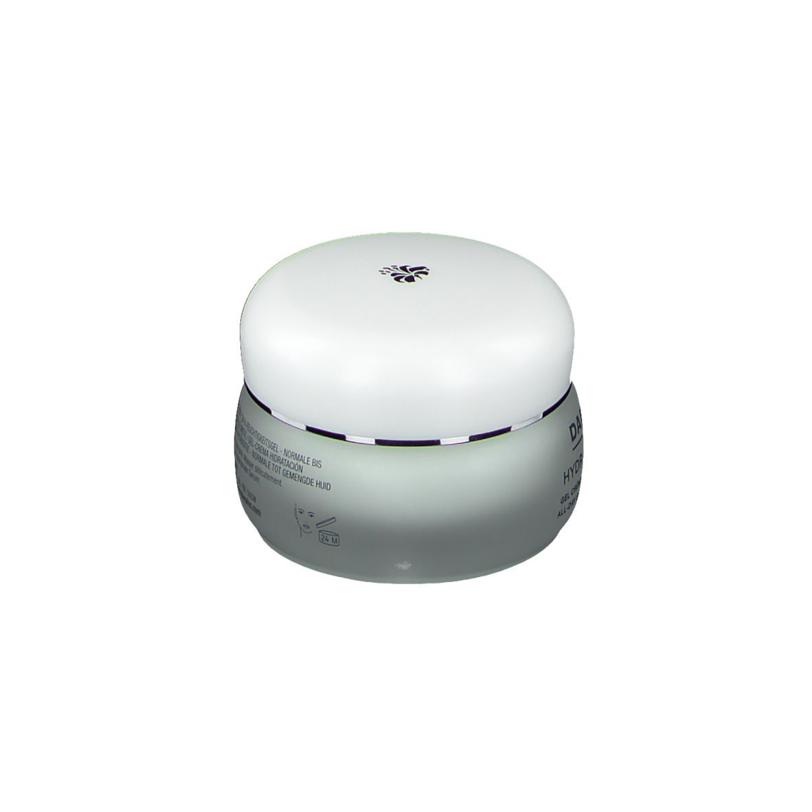 Pot de crème avec couvercle. Inscription: Darphin, Hydraskin Light. Gel Crème Hydratation Continue.