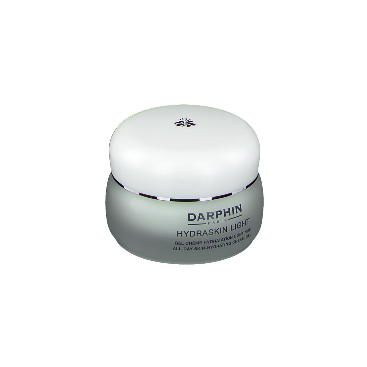 Pot de crème avec couvercle. Inscription: Darphin, Hydraskin Light. Gel Crème Hydratation Continue.