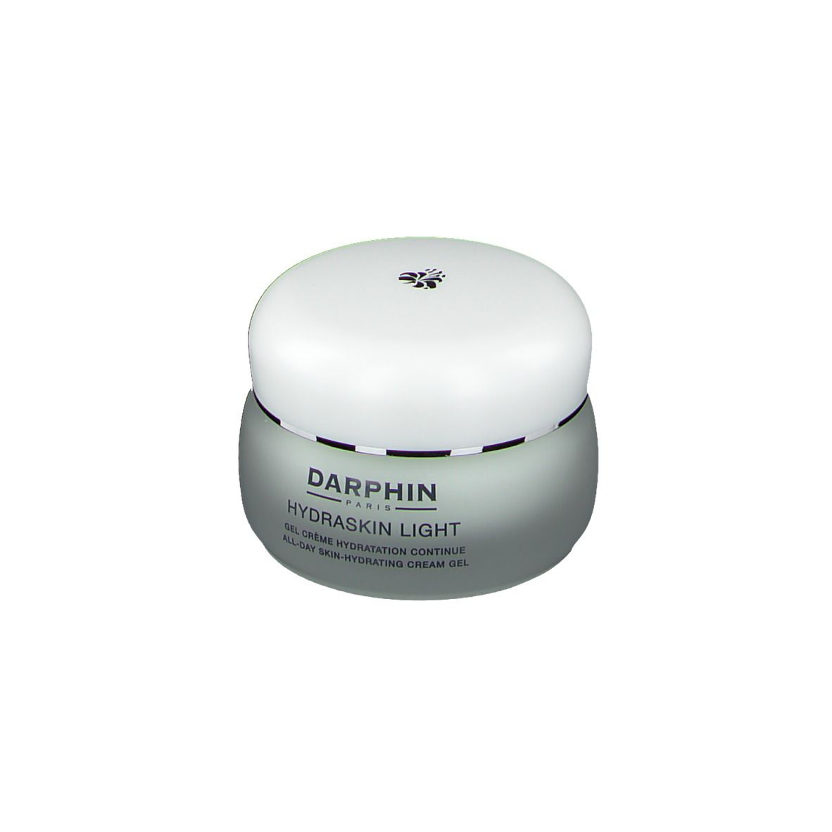 Pot de crème avec couvercle. Inscription: Darphin, Hydraskin Light. Gel Crème Hydratation Continue.