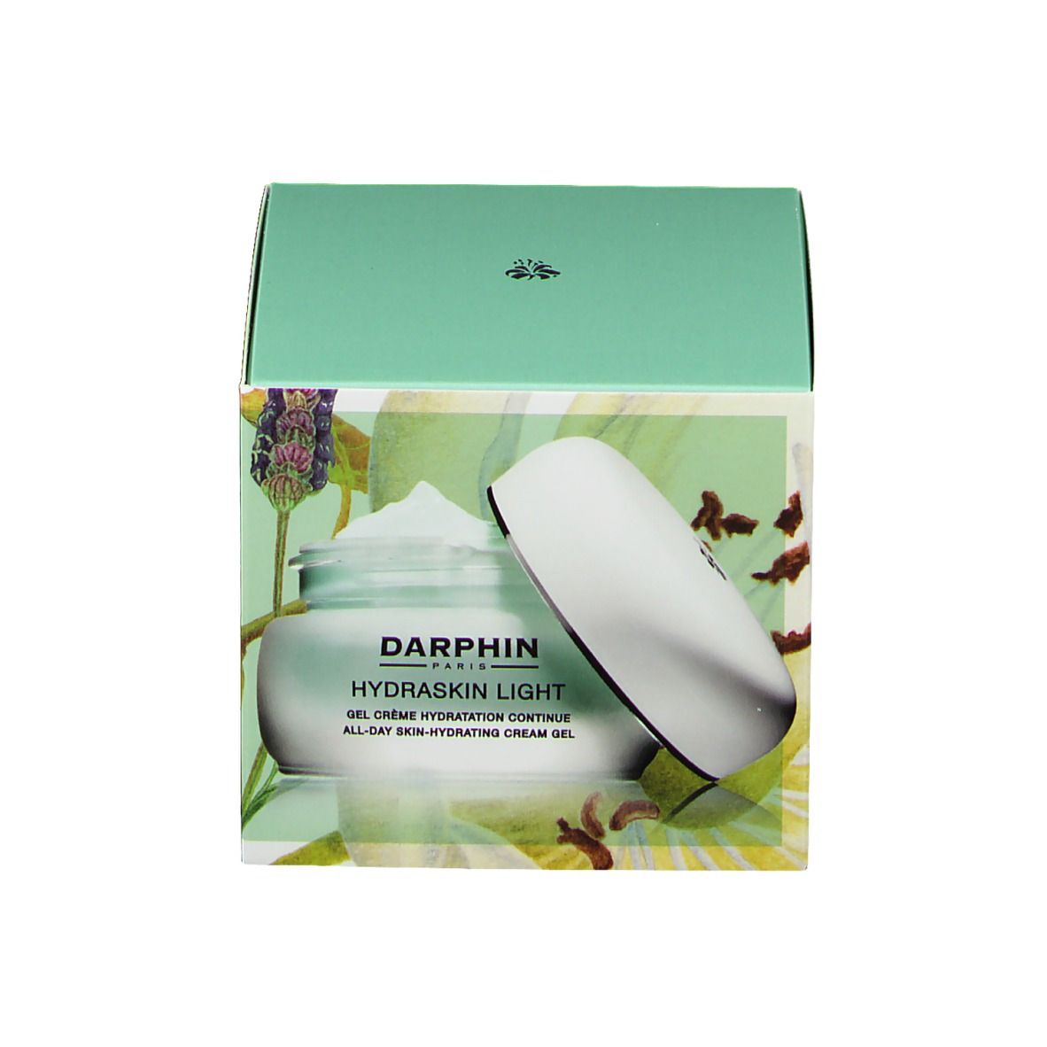 Emballage du produit avec pot de crème et couvercle. Inscription: Darphin, Hydraskin Light. Gel Crème Hydratation Continue.