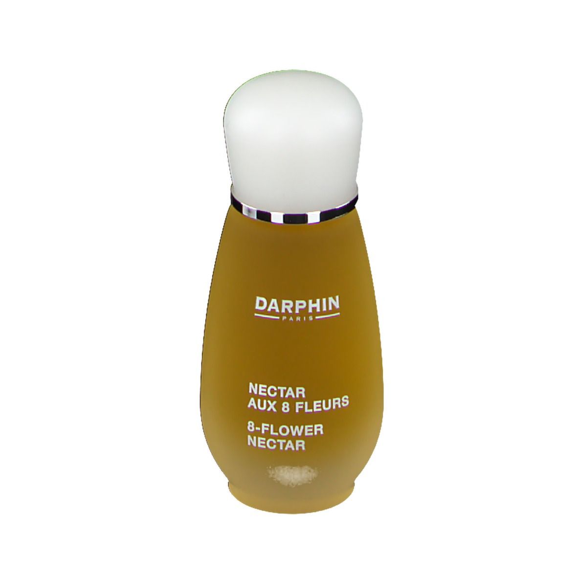 Flacon de nectar jaune avec bouchon blanc et bague argentée. Inscription: DARPHIN, NECTAR AUX 8 FLEURS, 8-FLOWER NECTAR.