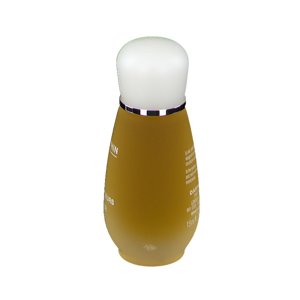 Flacon de nectar jaune avec bouchon blanc et bague argentée. Dos avec texte.