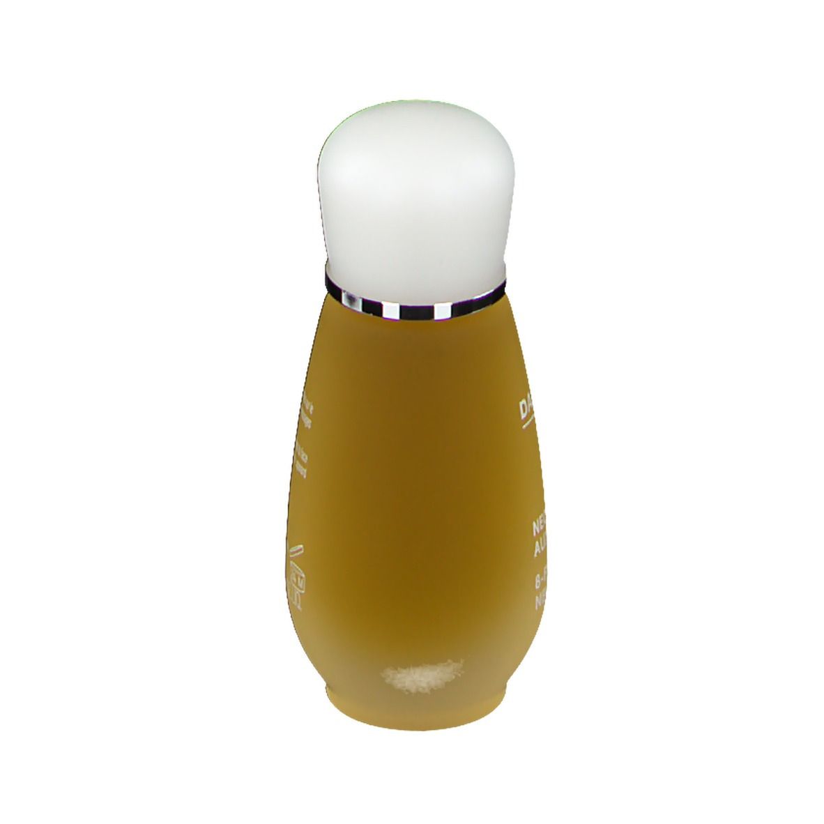 Flacon de nectar jaune avec bouchon blanc et bague argentée. Dos avec texte.