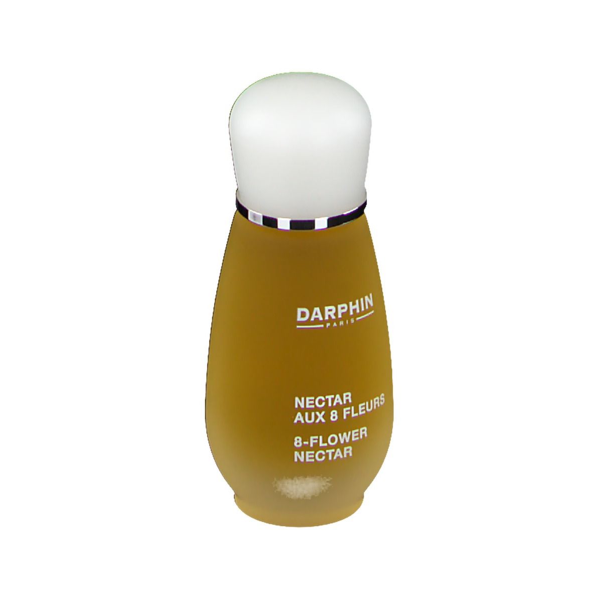 Flacon de nectar jaune avec bouchon blanc et bague argentée. Inscription: DARPHIN, NECTAR AUX 8 FLEURS, 8-FLOWER NECTAR.